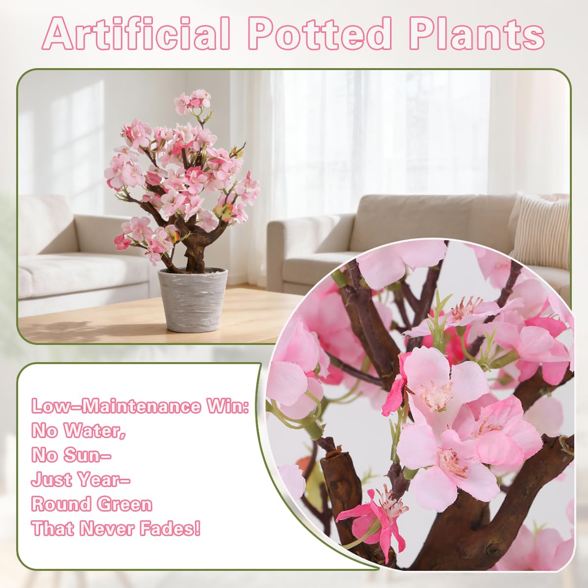 KAIRNE Artificial Pink Cherry Blossom Potted,13" Tall Fake Bonsai Flowers Tree,Lifelike Floral Faux Plants,Realistic Decorative Flowers Potted,Spring Decoration Home Office Desk Decor