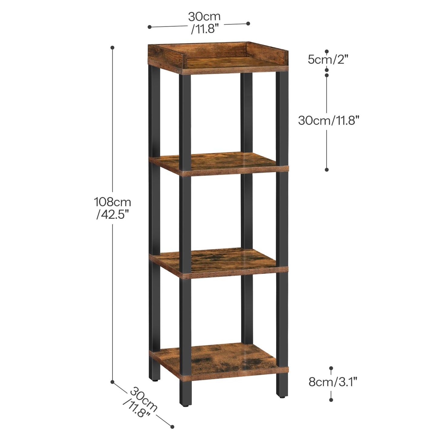 HOOBRO Small Bookcase, Industrial Style Bookshelf for Narrow Spaces, 4-Tier Square Book Shelf Stand, Wooden Storage Rack Display Shelf, Corner Shelf for Living Room, Rustic Brown and Black BF08CJ01