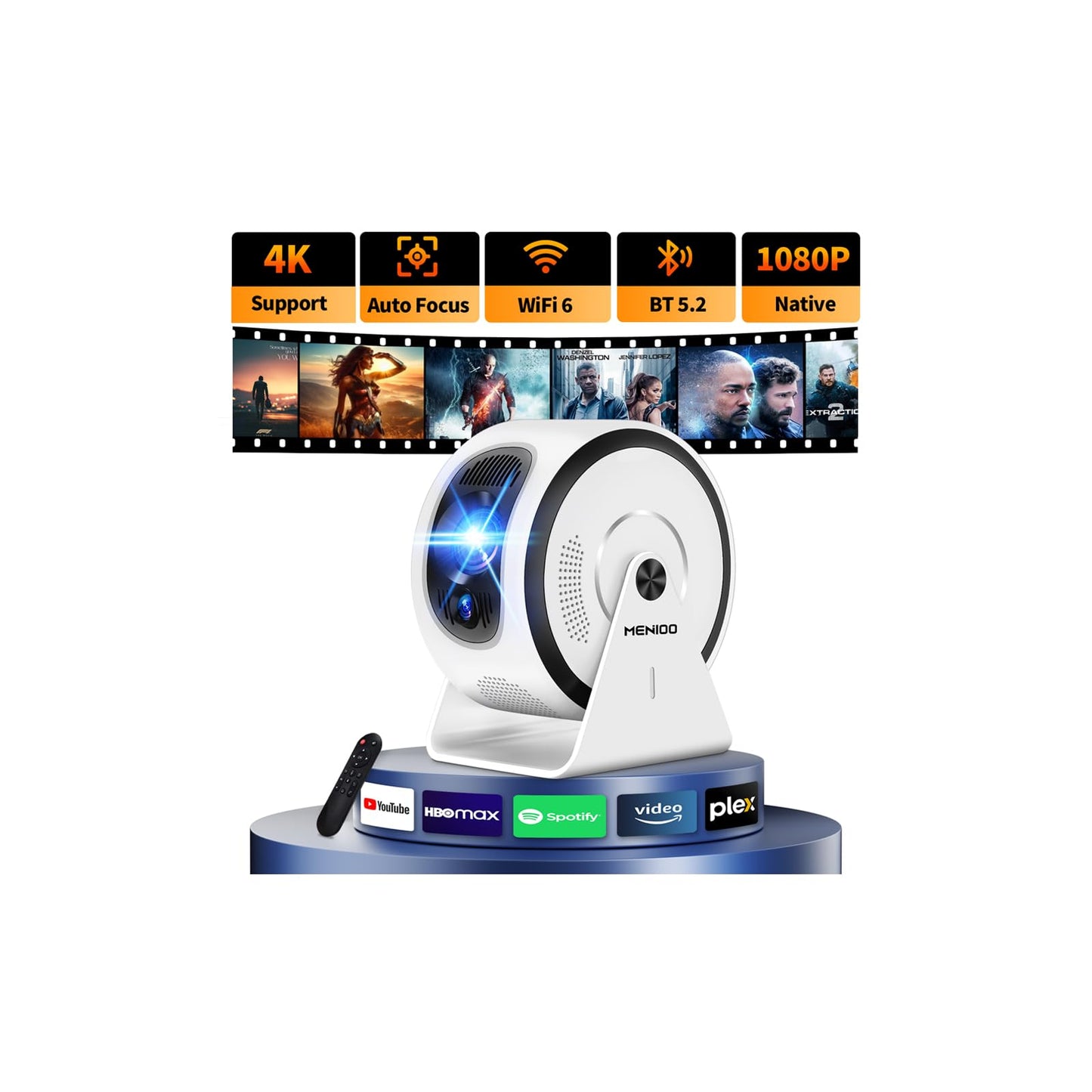 Mini Projector 4K 1080P [Built-in Apps] 2026 Upgraded Projector Portable, Auto Focus & Auto Keystone 360° Rotatable, with WiFi 6 & Bluetooth 5.4 Compatible with HDMI/TV Stick/USB/Laptop,White