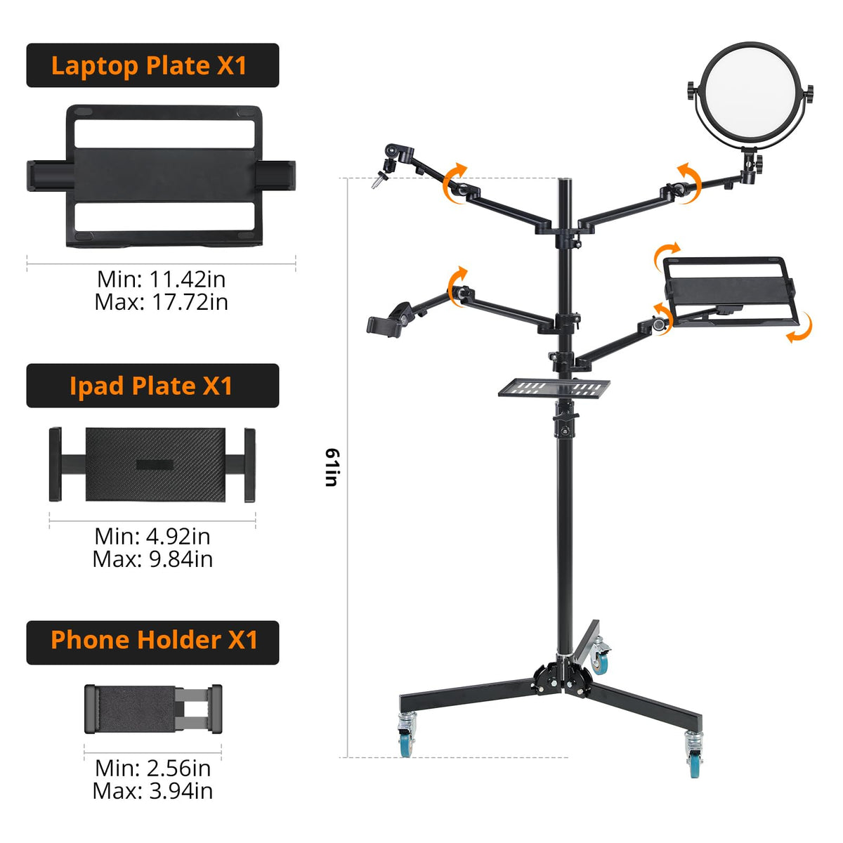 GVM 5-in-1 Movable Live Streaming Floor Stand Kit with Wheels, Overhead Camera Mount with 10" LED Key Light/Mic Boom Arm/Tablet Laptop Phone Stand/Tray for Live Broadcast Podcast Video Recording Game