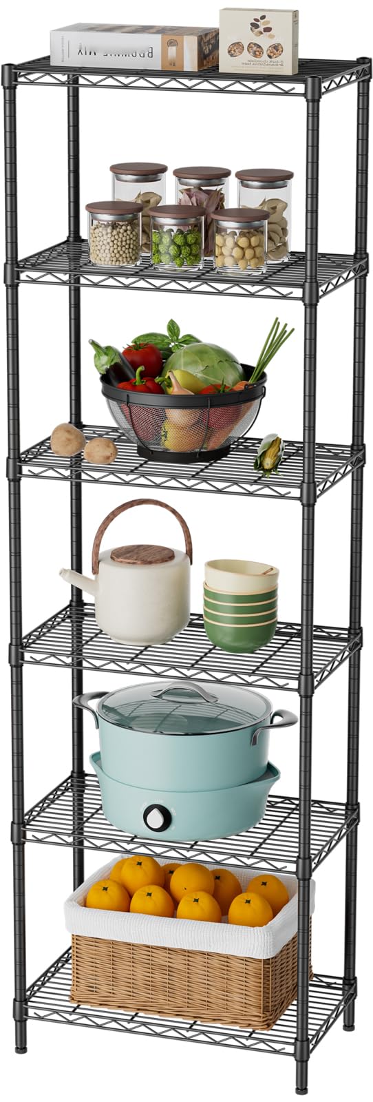 SINGAYE 6 Tier Adjustable Storage Shelf Wire Shelving Unit Metal Shelves Standing Closet Bathroom Organizers Pantry Kitchen Garage Laundry Room Organization Home Rack 12" D X 22" W X 69.5" H Black