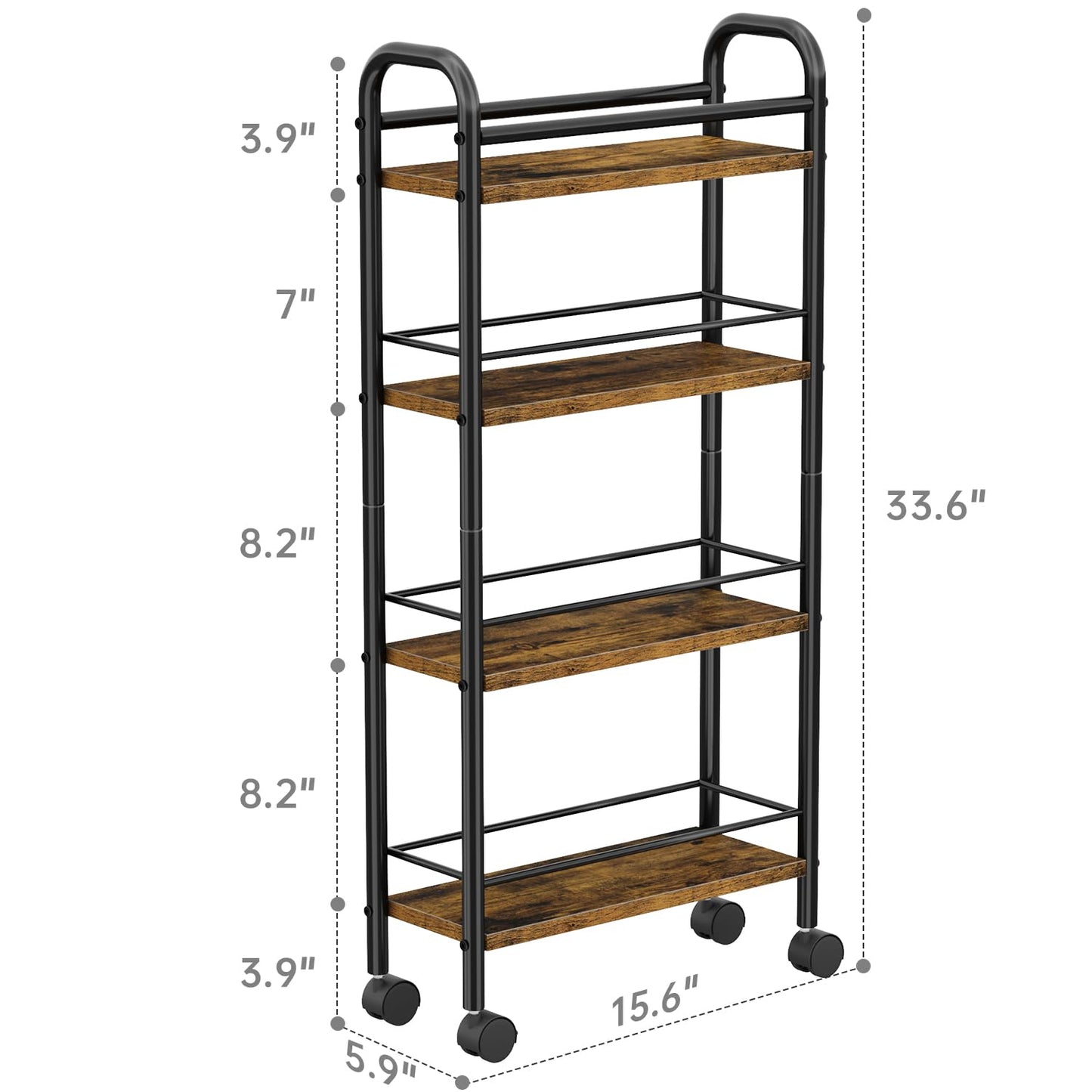 Asgolion Slim Storage Cart, 4-Tier Small Rolling Cart with Wheels, 5.9" Deep, Narrow Bathroom Shelf Trolley for Kitchen, Bathroom, Laundry Room, Rustic Brown Standard 4-Tier (5.9" W x 33.6" H)