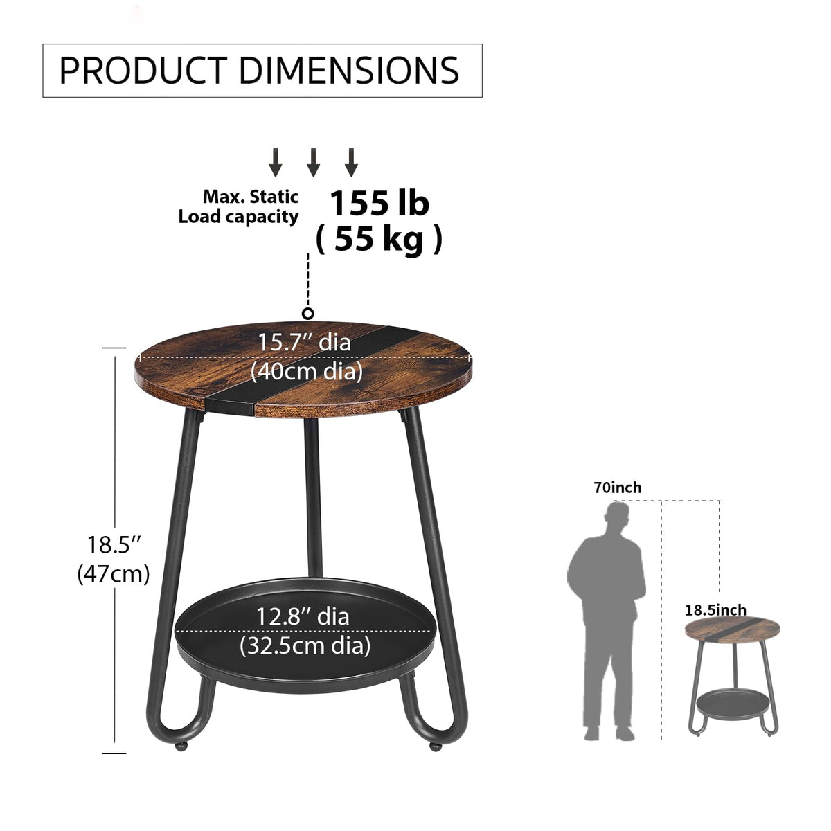 MOFAIN 2 Tier Coffee Table in Living Room, Industrial Style Round Coffee Table with Metal Tray, Wood Small Outdoor Coffee Table for Bedroom Balcony Patio, Rustic Brown