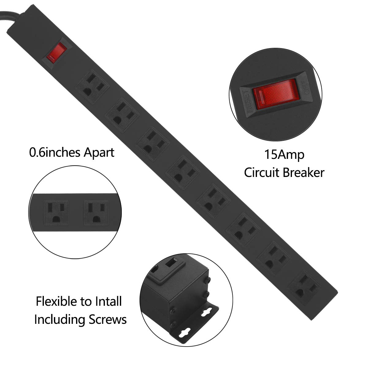 HHSOET Metal 8 Outlet Mountable Power Strip, Wall Mount Outlet Heavy Duty, Wide Spaced Commercial Shop Power Strip with Switch, 15A 125V 1875W, 6 FT SJT 14AWG Power Cord.(Black)