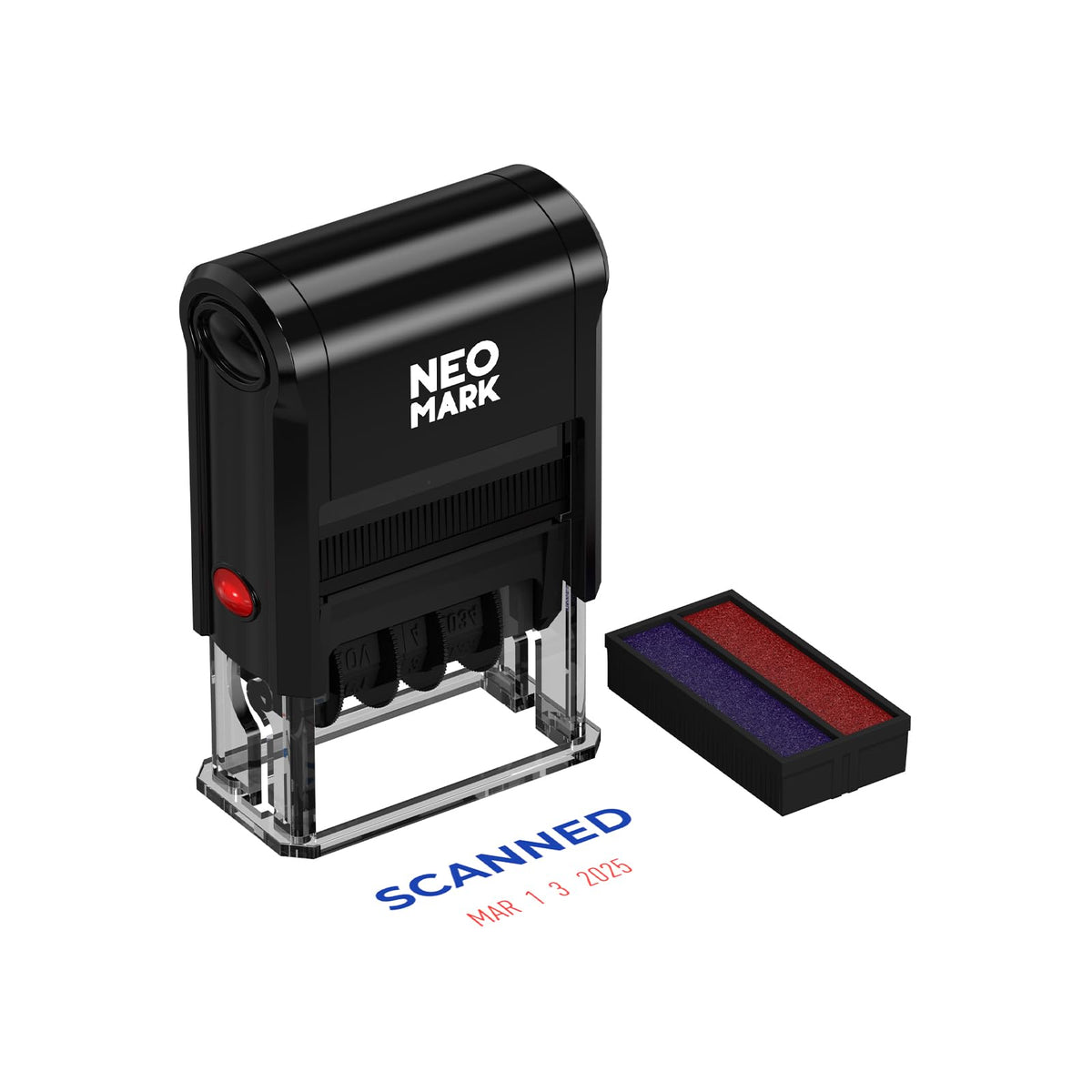 NEO MARK Self-Inking Date Office Stamp with Scanned Blue Ink & Date Red Ink, 12-Year Adjustable Rubber Dater, Ideal for Documents, Business & Accounting - with an Extra Refill Ink Pad