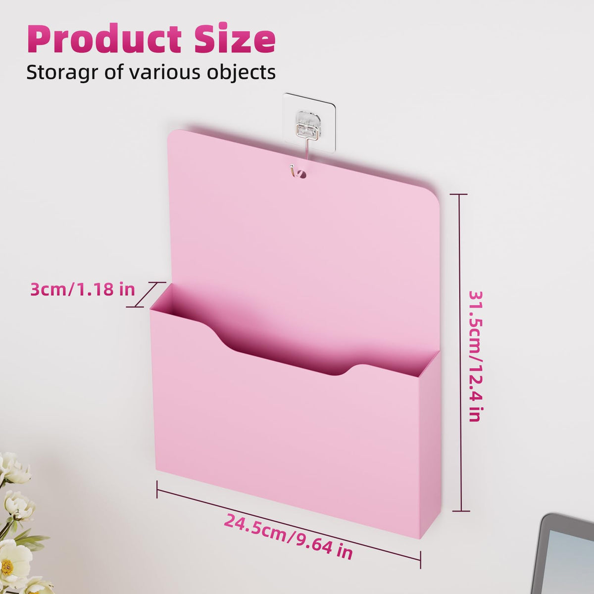 Marbrasse 2 Pack Magnetic File Holder - Paper Holder, Pocket Organizer,Hanging Wall File Organizer Office Supplies Storage, Magazine Mail Organizer Case for Notebooks,Planners,Letter (Pink)