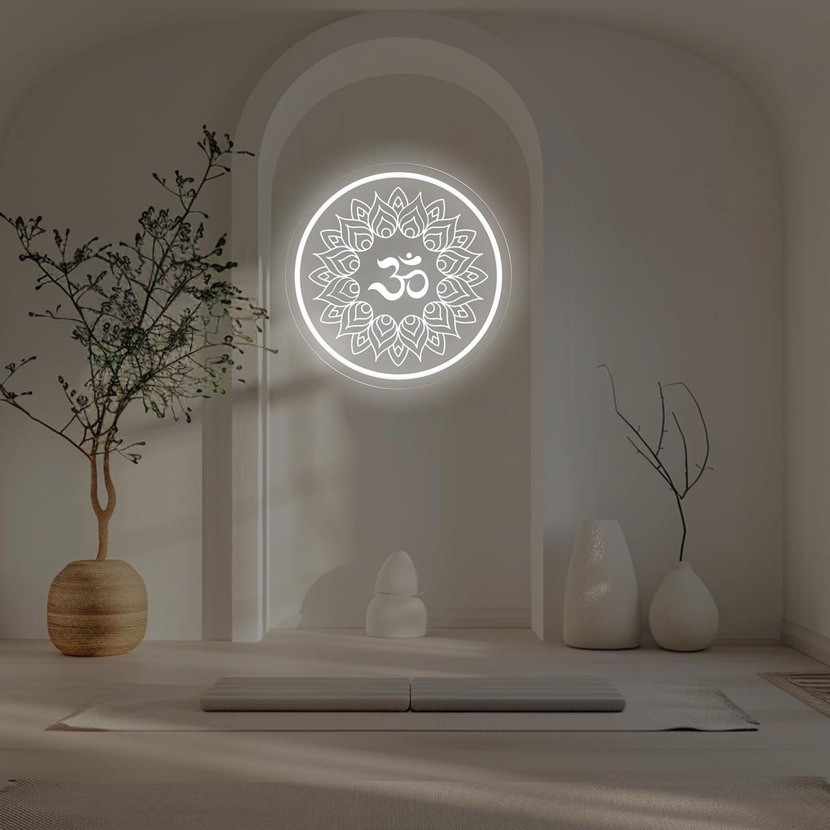 Om Mandala Neon Sign, 11.8″ × 11.8″ White Om Buddha Led Wall Light, Yoga Decor, Meditation Room Sign, Buddha Symbol Gift, Yoga Studio, Pilates Studio Wall Art
