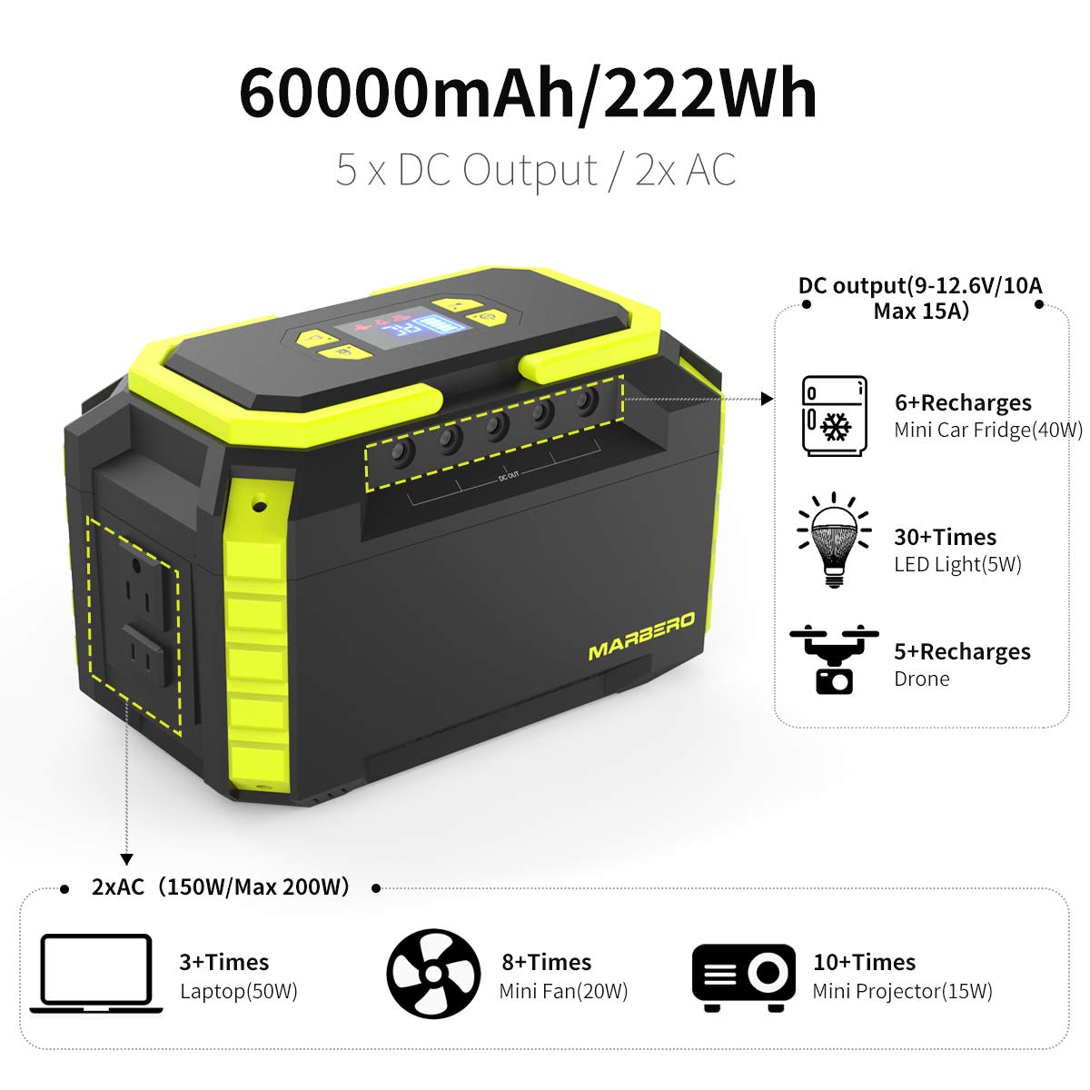 MARBERO 222Wh Portable Power Station 200W Outdoor Generator 60000mAh with AC Outlet 110V 200W DC USB LED Flashlights Lithium Battery Power Supply for CPAP Camping Backup Emergency Home