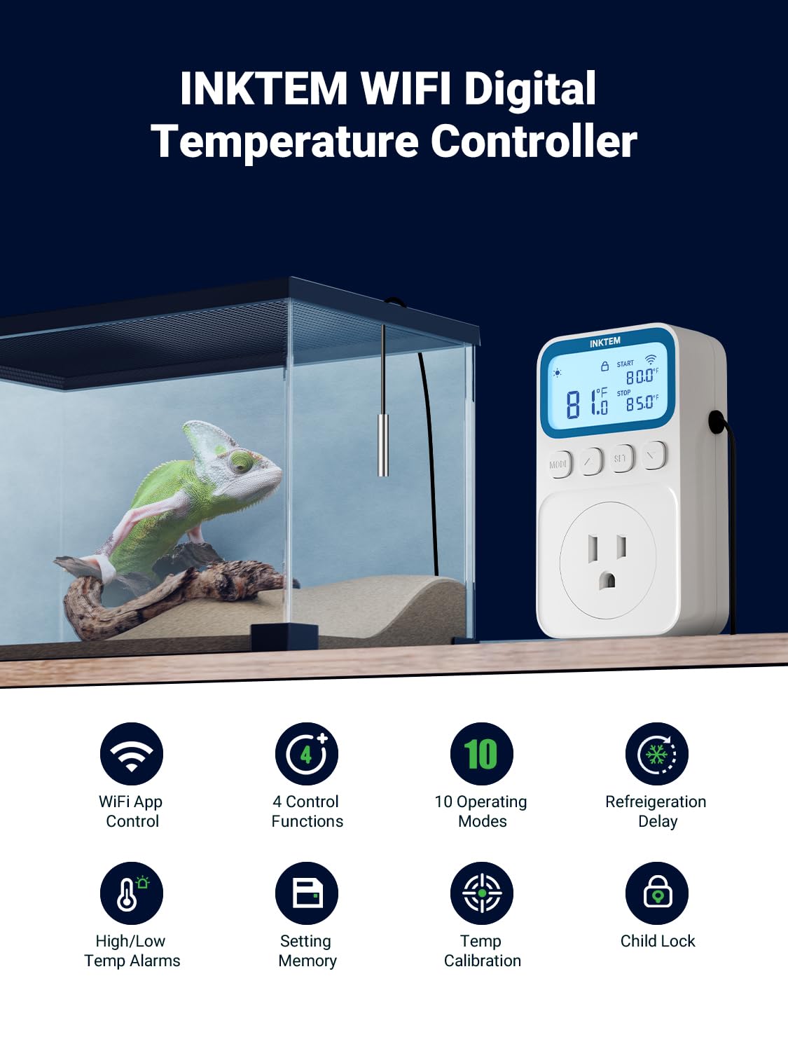 INKTEM WiFi Plug in Thermostat Outlet, Temperature Controlled Outlet with Smart APP, Timer & Memory Digital Temp Controller -40~212℉, IP67 Waterproof Probe for Incubator Homebrew Reptile Space Heater