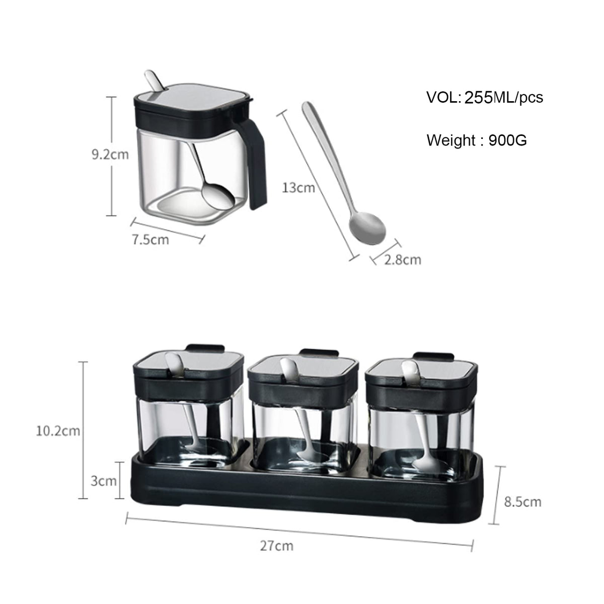 W WBLD Glass Condiment Jar Spice Container with Lids and Spoons, Square Clear Seasoning Sugar Containers Set with Base, Sugar Pepper Salt Spices Bowl for Kitchen Countertop,3pcs