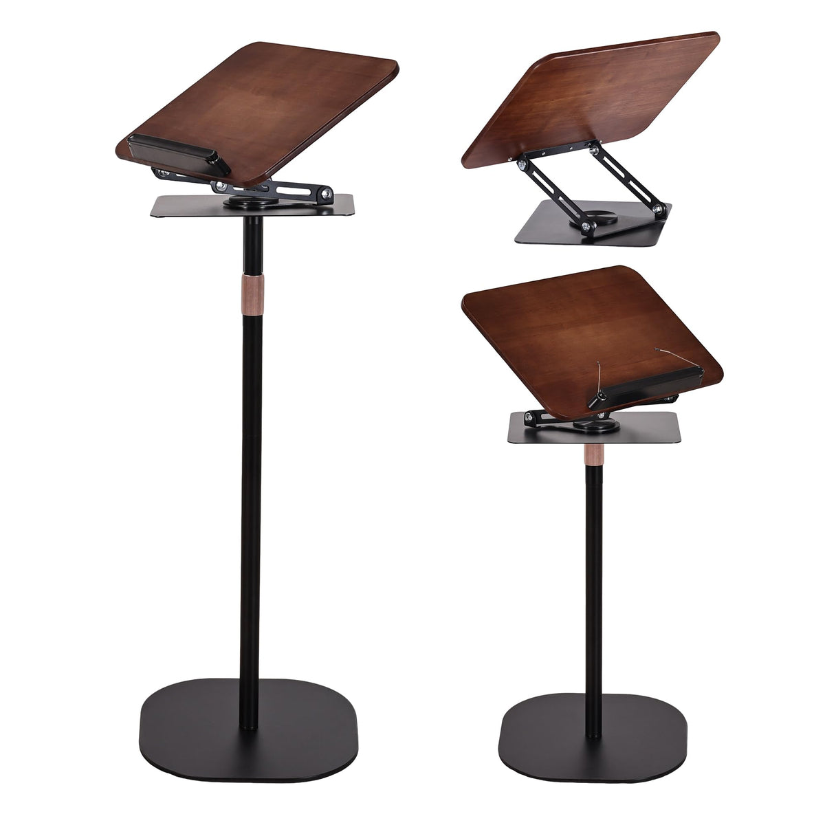 2-in-1 Floor & Desktop Book Stand, Dual-Use Height Adjustable 19"-62.2", Reading Stand Holder with 360° Rotating Base & Page Clips for Music Sheet, Laptop, Podium, Cookbook, Projector, 100% Solid Wood