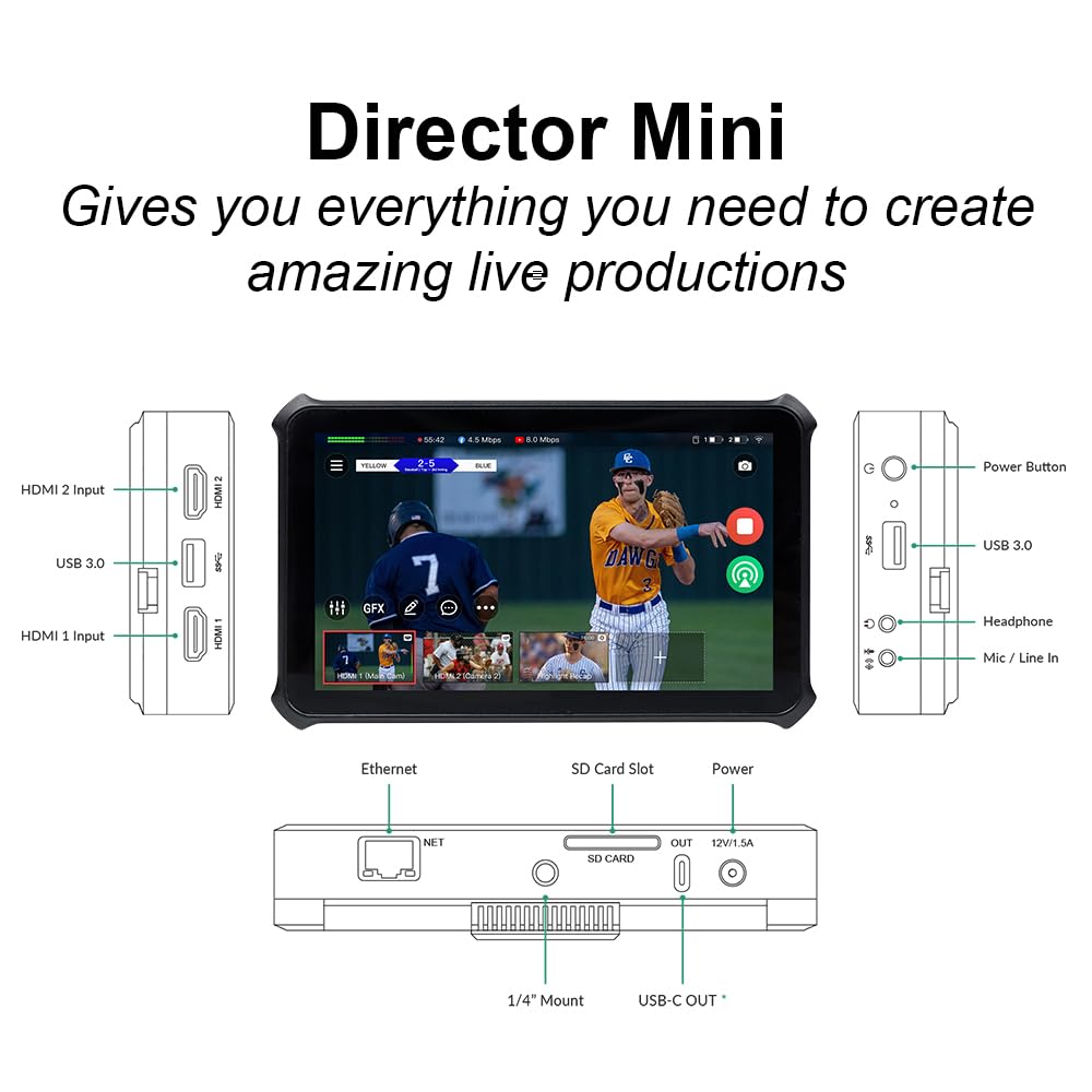 Magewell Director Mini 55110 – Compact Multi-Input Live Production Switcher, Encoder, Streamer & Recorder with 5.5” AMOLED Touchscreen for YouTube, Twitch, Facebook, NDI HX, SRT, RTMP and More