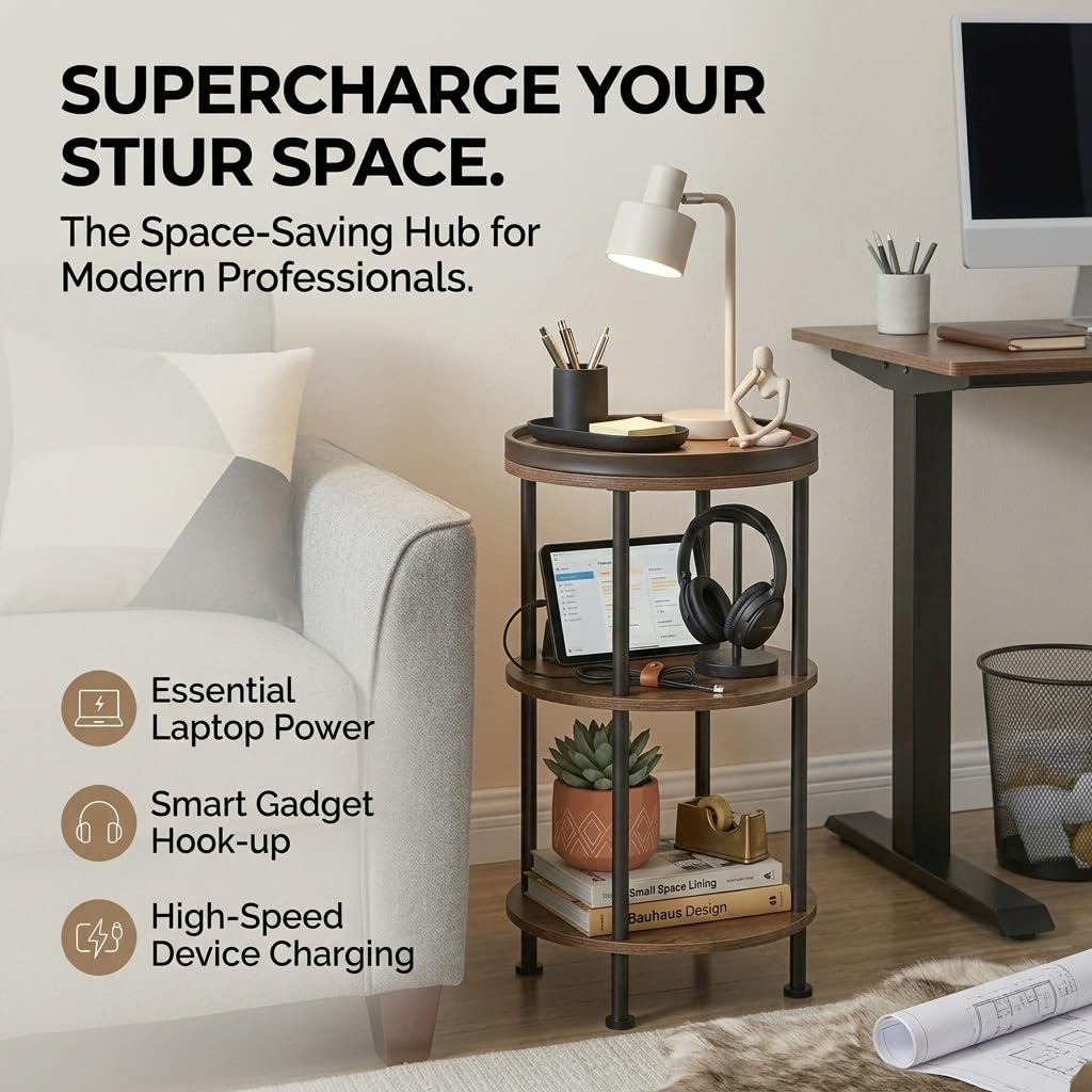 Small Round Side Table with Charging Station for Small Spaces, 3-Tier Round Accent Table with USB Ports & Power Outlets, Corner Table Sofa End Table for Living Room Bedroom (USB Charger, Rustic Brown)