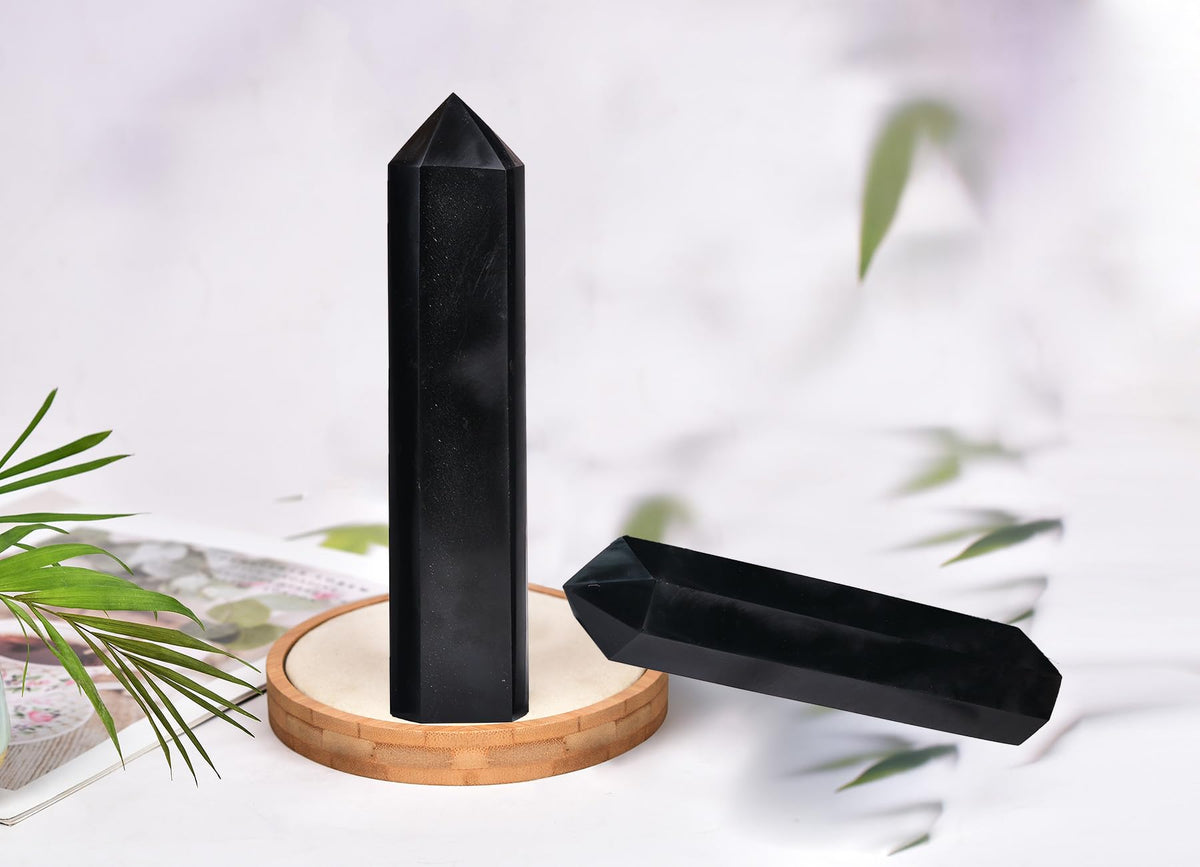 AMOYSTONE Obsidian Crystal Tower 4-4.5 Lbs Protective Stone Wand Natural Hexagonal Obelisk Column Centerpiece for Bookshelf Entryway Hallway Stand Focal Point Tabletop