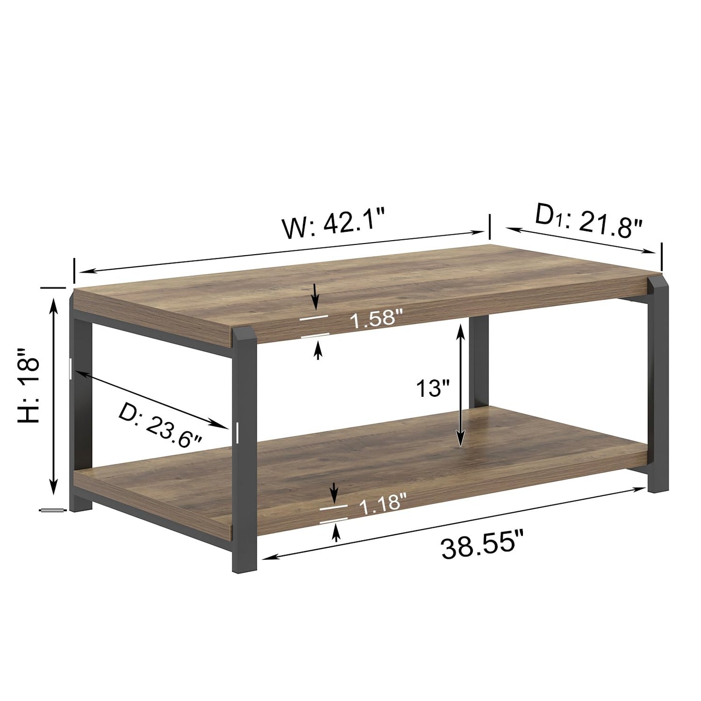 EXCEFUR Modern Coffee Table, Rustic Wood and Metal Center Table for Living Room, Industrial Rectangle Cocktail Tea Table with Storage, Oak