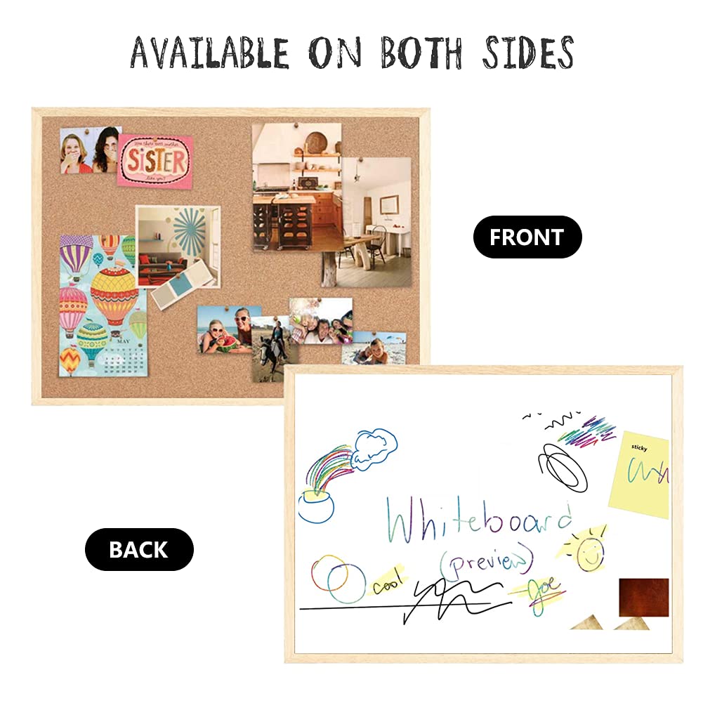 20” x 28” Cork Boards for Walls with Wooden Frame 1pack, Whiteboard and Cork Board Combo Double Sided Office Board for Wall Organizer, Bulletins Board Hanging Pin Board for School Home Office