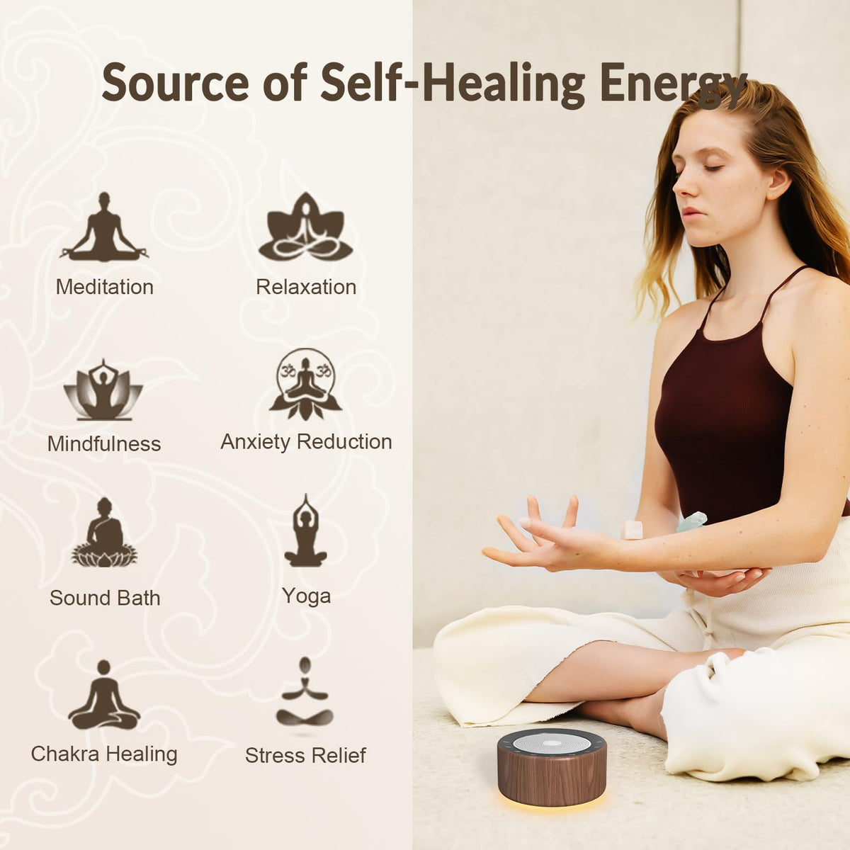 Tibetan Meditation Singing Bowl Machine - 7 Singing Bowls Sounds, Crystal Healing, Chakra Healing, Mindfulness and Stress Relief Timer and Memory Features for Women/Men