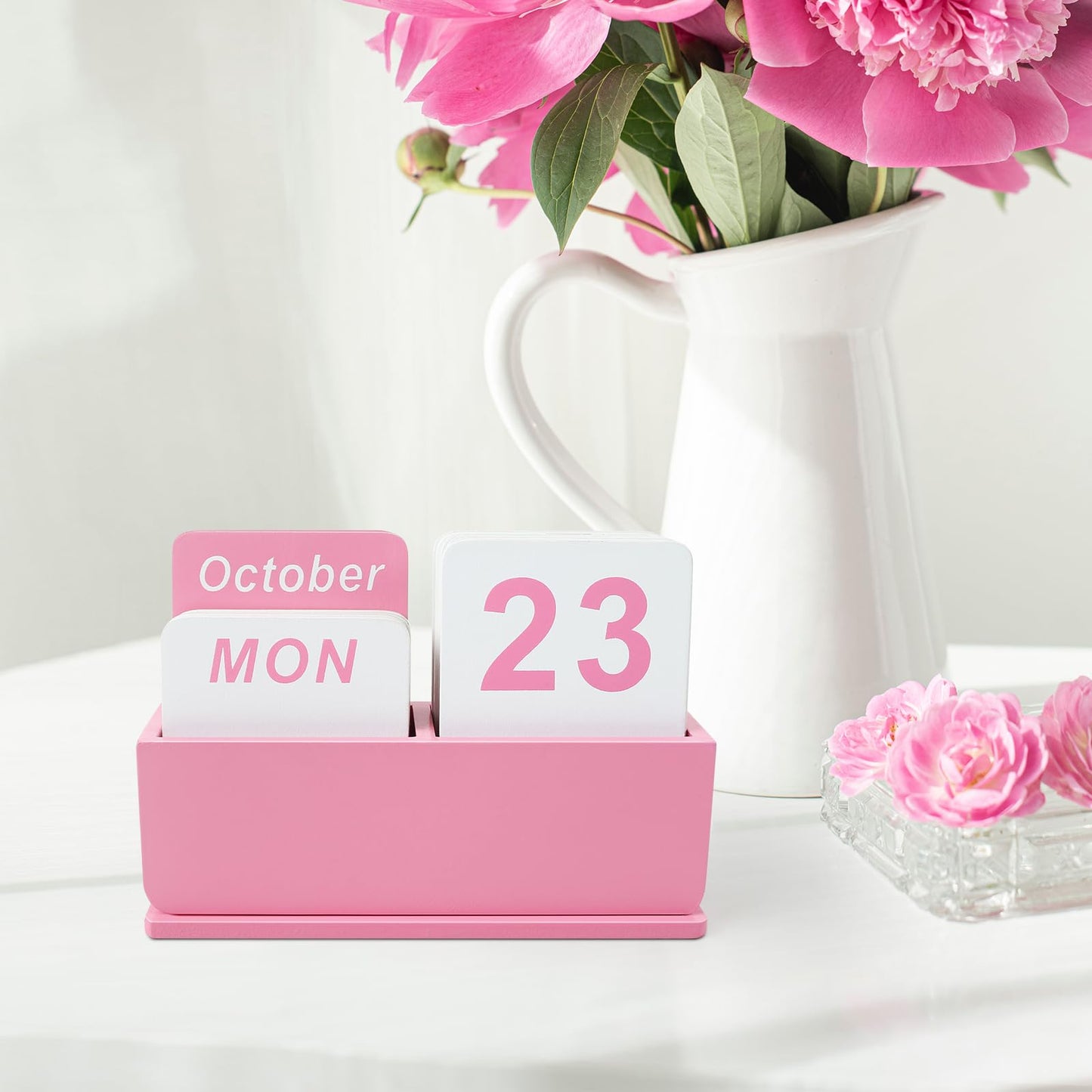 DEERINE Wooden Block Perpetual Calendar for Desk, Daily Desktop Standing Flip Calendar with Large Display, Modern Farmhouse Aesthetic Desk Accessories for Home Office Decor, Reusable Yearly, Pink