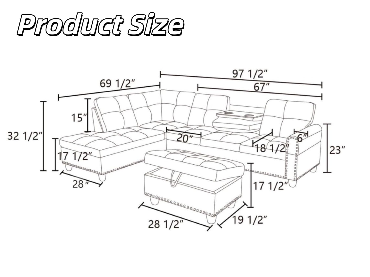 Trygoal 97" Linen 4-Seat L-Shaped Sectional Sofa with Movable Chaise & Storage Ottoman - 3-Piece Modular Convertible Couch for Living Room, Bedroom, Apartment & Office, Grey