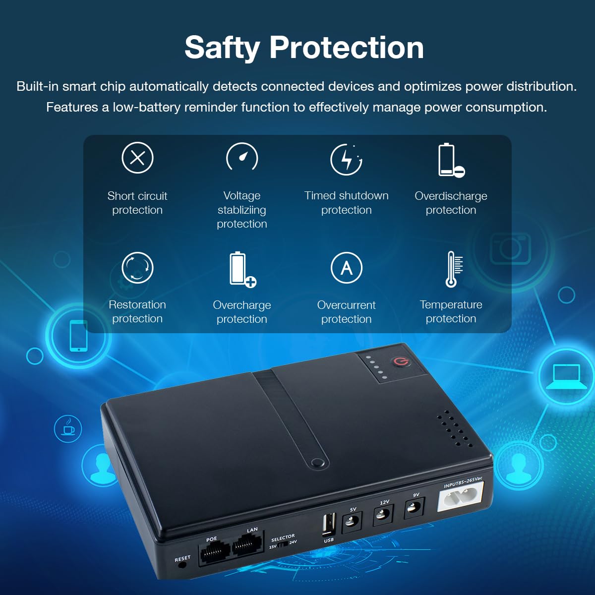 Mini DC UPS Uninterruptible Power Supply, UPS Battery Backup Power Supply for Router/Modem/Security IP Camera/POE Devices, 5V/9V/12V24V Multi-Voltage Output, Without Battery