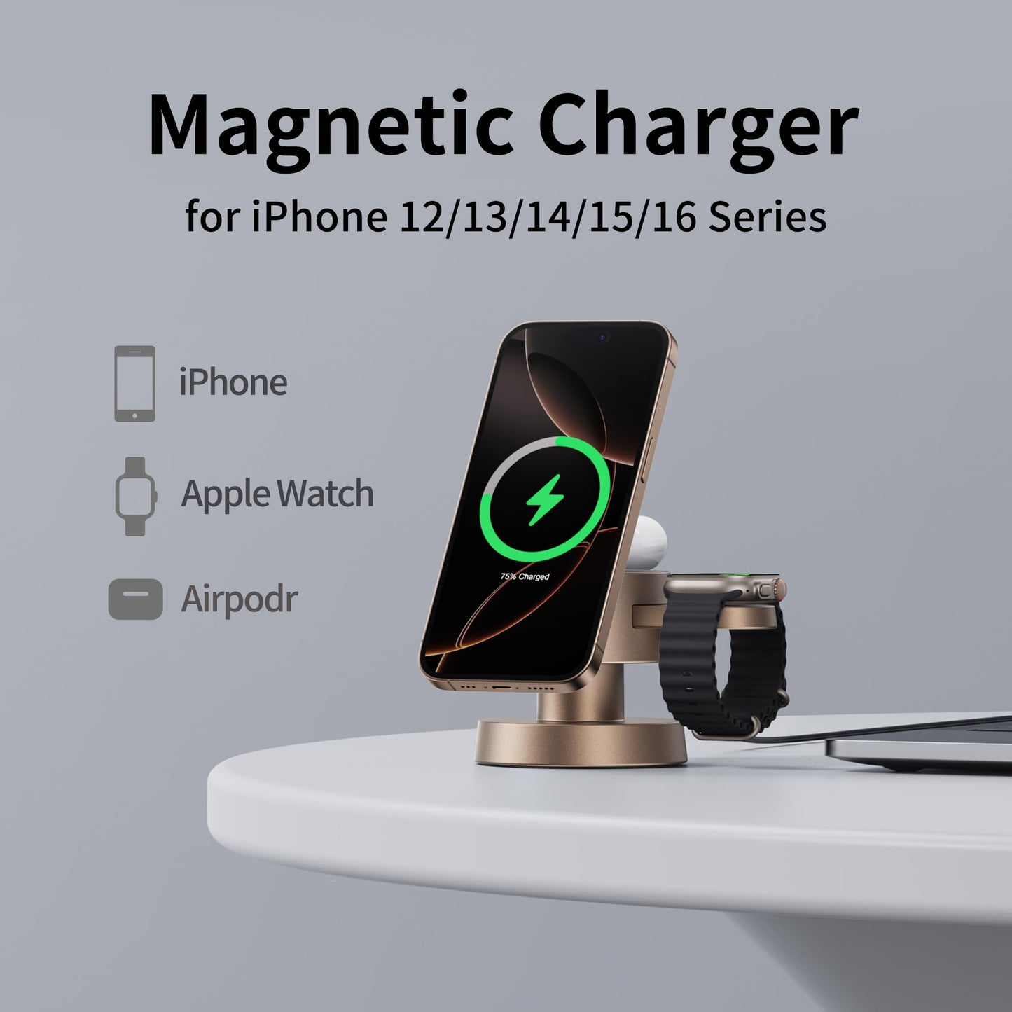Kcuskl 4 in 1 Magnetic Wireless Charging Station,15W Fast Charging with Night Light for MagSafe Charger Stand,3 in 1 Wireless Charger for iPhone 17/16/15/14/13 Pro Max,Apple Watch & AirPods,Sand Gold