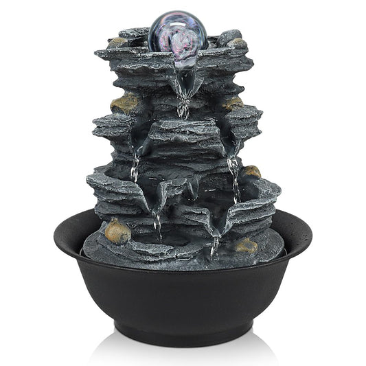 JUSINGMI Tabletop Water Indoor Fountain Waterfall Indoor Water Fountains Feng Shui Zen Decorative Desktop Fountain with Colored Led Light and Spinning Ball for Room,Office(Style 1)