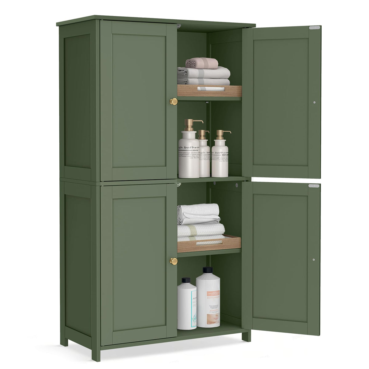 VASAGLE Floor Storage Cabinet, Shaker Cabinet with 2 Adjustable Shelves, 4 Doors, Tall Freestanding Organizer Unit, for Kitchen Bathroom Living Room, Forest Green UBBC553CH01S