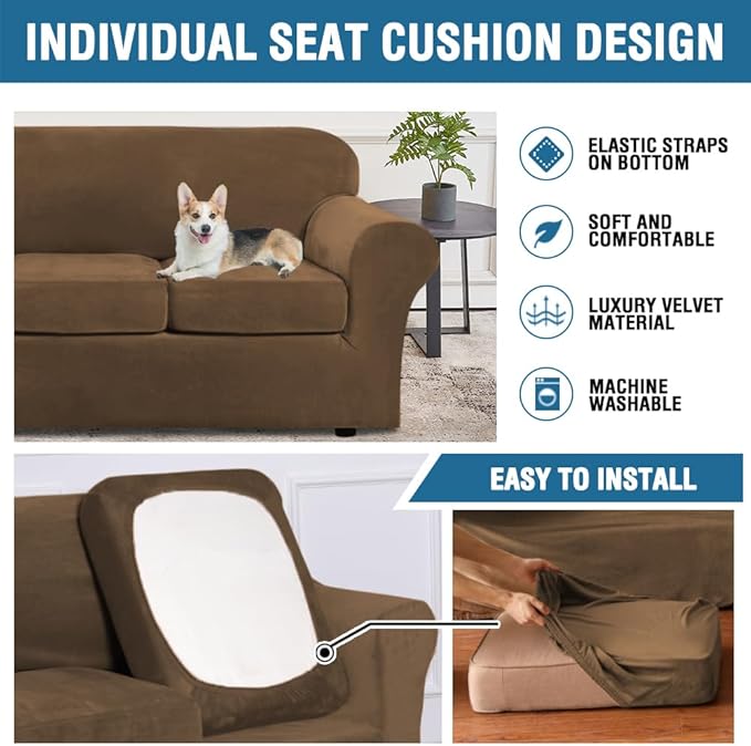 H.VERSAILTEX Modern Velvet Plush 4 Piece High Stretch Sofa Slipcover Furniture