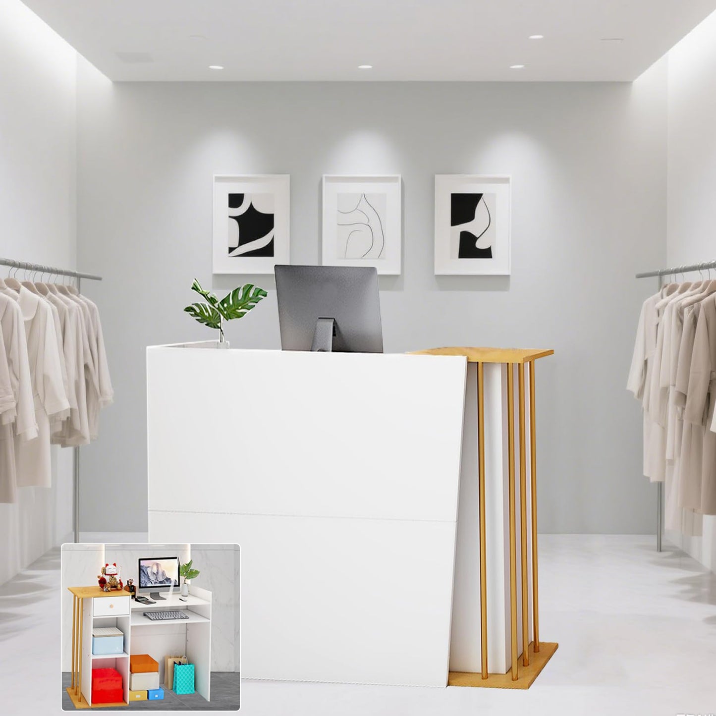 Reception Desk, Reception Counter with Drawers and Storage Shelves, 39 inch Retail Counter for Checkout with Cable Grommet, Suitable for Salons, Beauty, Clothing Stores,Thickened Wooden Board