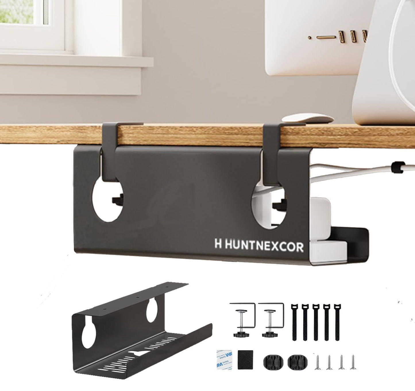 No Drill Under Desk Cable Management Tray with Clamp, Home/Office Desk Cord Organizer and Accessories Storage Shelf, 17'' Metal Cable Organizer for Standing/Gaming Desk, Office Supplies, Black 1 Set