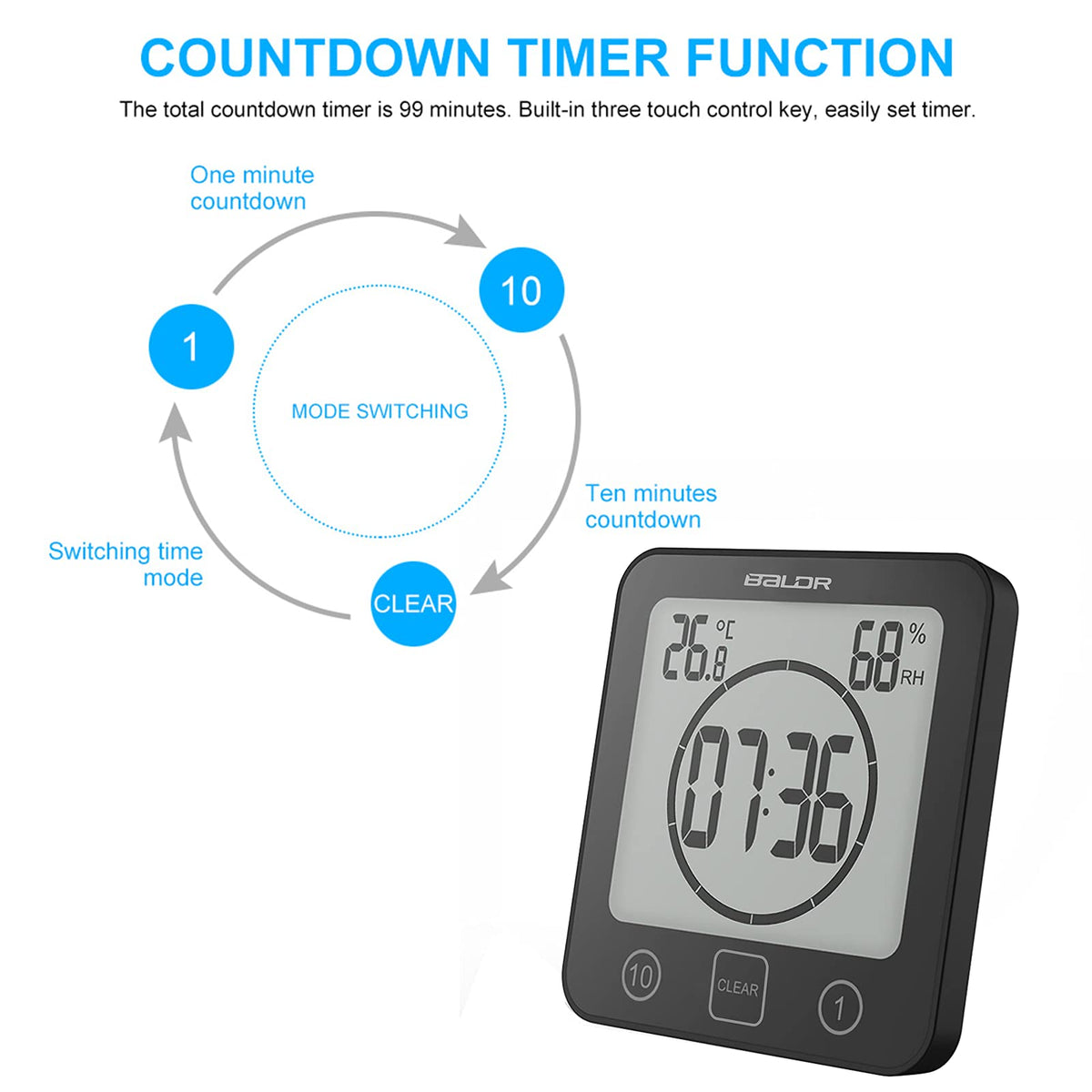 Digital Bathroom Shower LCD Wall Clock with Suction, Waterproof Temperature Humidity Gauge, Touch Screen Timer, Large Countdown Timer (Black)