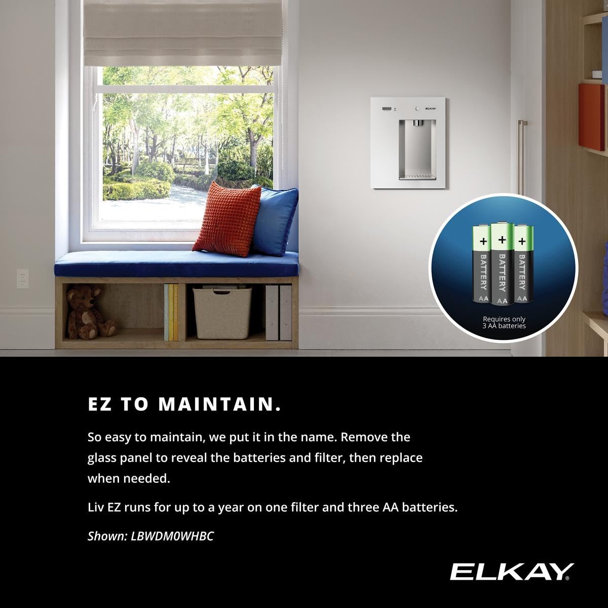 Elkay Liv EZ Built-in Filtered Wall-Mount Water Dispenser – Battery Powered, NSF Certified, Push Button, Reduces Lead & PFAS, Midnight Black – Ideal for Home