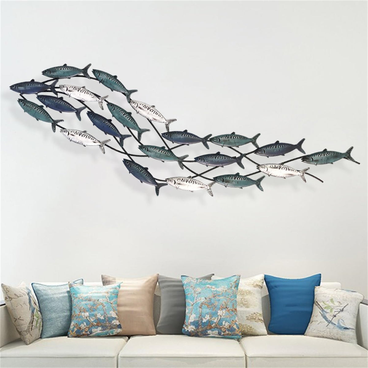 Coastal Metal Fish Wall Decor, Large Nautical Fish Wall Décor,School of 20 Fish Wall Art,3D Fish Wall Sculpture,Fish Metallic Art Decor,Perfect for Living Room,Bedroom,Beach Or Boat Decor,59" X 16.5"
