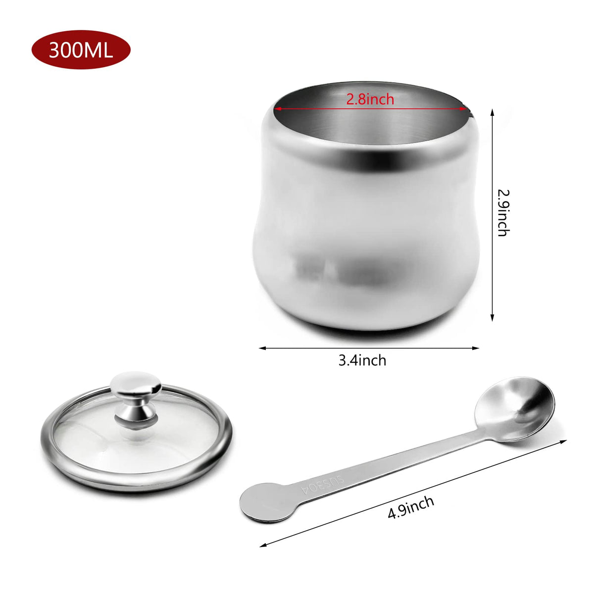 XHKDSYMC 300ml Stainless Steel Sugar Bowl with Lid and Spoon 10 OZ Coffee Seasoning Jar Condiment Pot Spice Container Canister Cruet with Lid and Spoon (Style B)