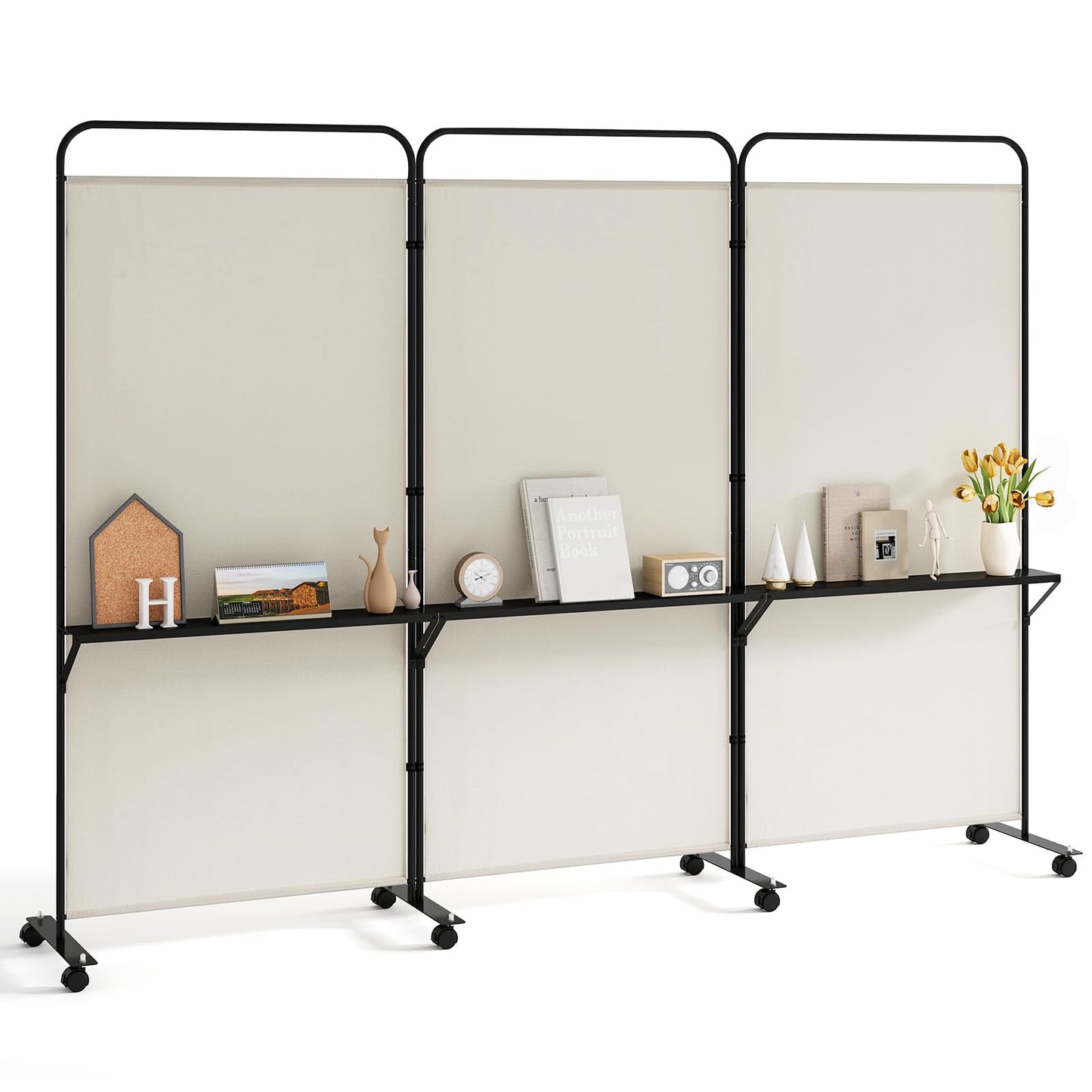 Giantex 3 Panel Room Divider with Wheels and Shelves, 103" W x 74" H Folding Privacy Screen, Rolling Partition Separator for Home Office Studio, Fabric Wall Divider for Room Separation (Beige)