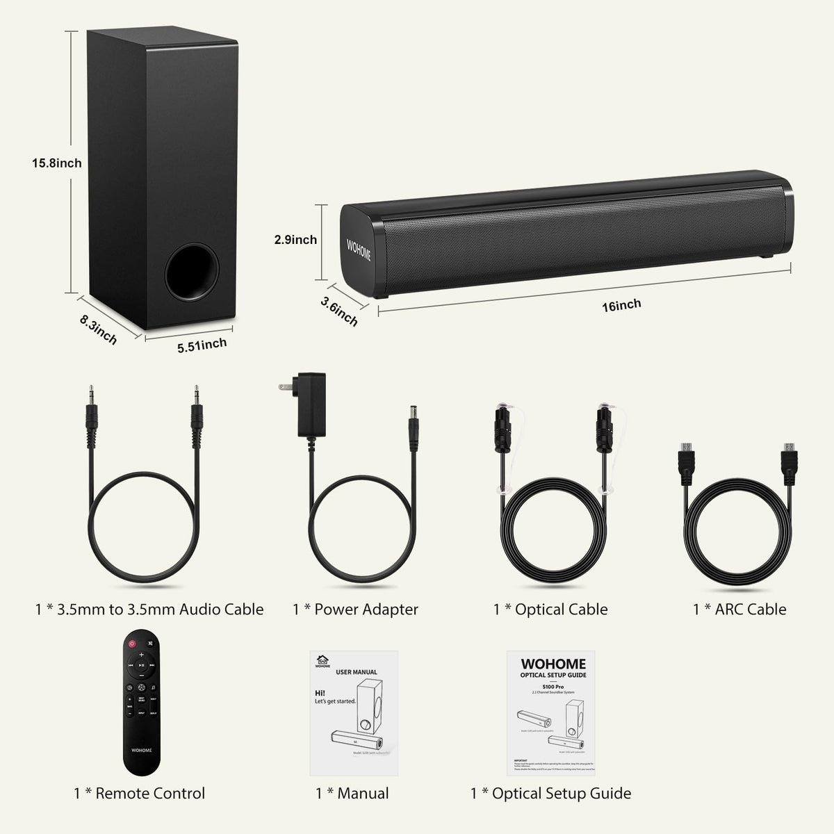 Wohome Sound Bar for Smart TV with Wired Subwoofers, 2.1 Channel Small TV Soundbar Speakers, Home Theater Surround Sound System, Bluetooth 5.3/ ARC/Optical/AUX Connectivity