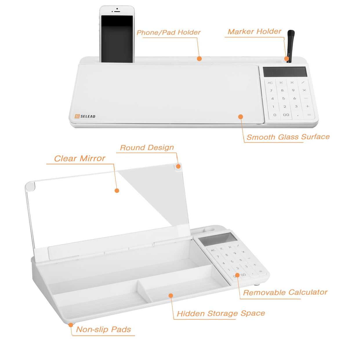 SELEAD Desktop Glass Whiteboard with Calculator & Built-in Mirror, Dry Erase White Board Computer Pad Keyboard Stand with Organizer Drawer, Desk Accessories for Home, School, Office