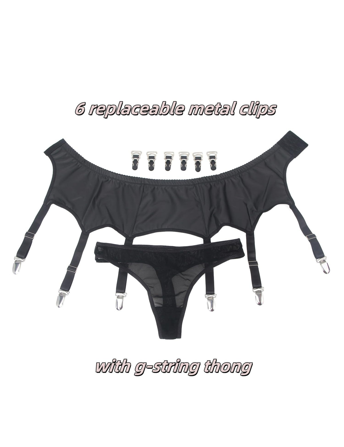 ohyeahlady Womens Faux Leather Garter Belt with 6 Strap Metal Clip Sexy Suspender Sets for Thigh Highs with G-String Thongs Black S