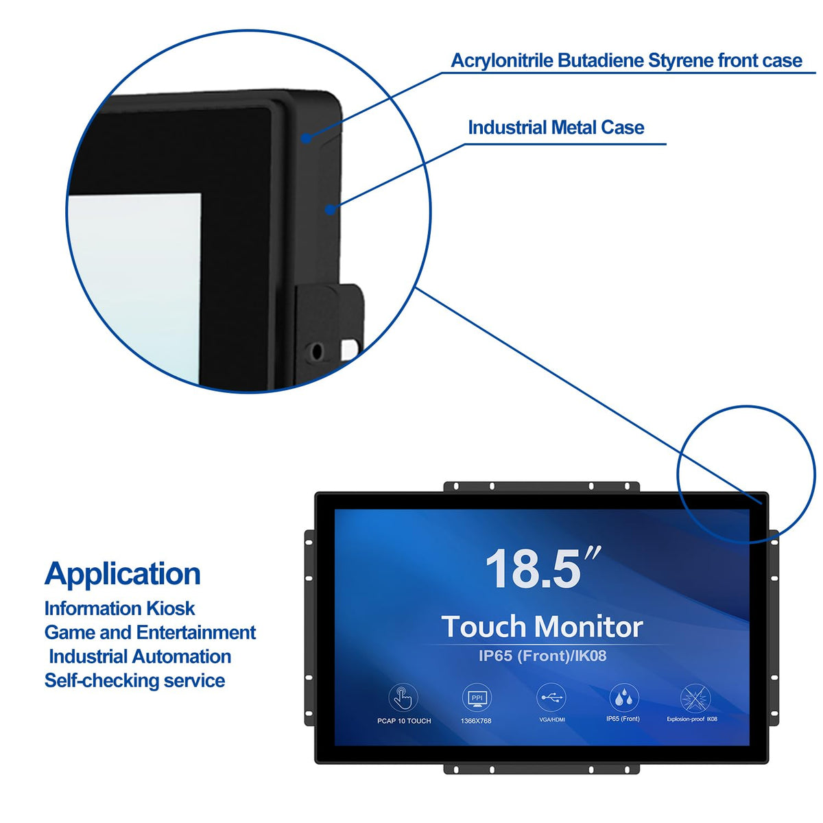 GreenTouch 18.5 Industrial Touch Monitor Open Frame, HDMI/VGA/DVI Interface, Built-in Speakers, Capacitive Touch Screen Technology