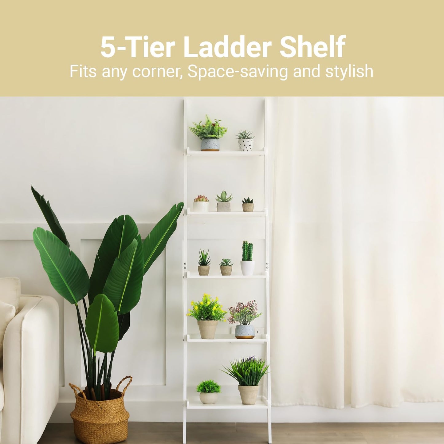 HYNAWIN Ladder Shelf 5-Tier Bookshelf – Storage Rack Shelves Wall Leaning Shelf,White Freestanding Plant Flower Stand, Corner Display Bookcase