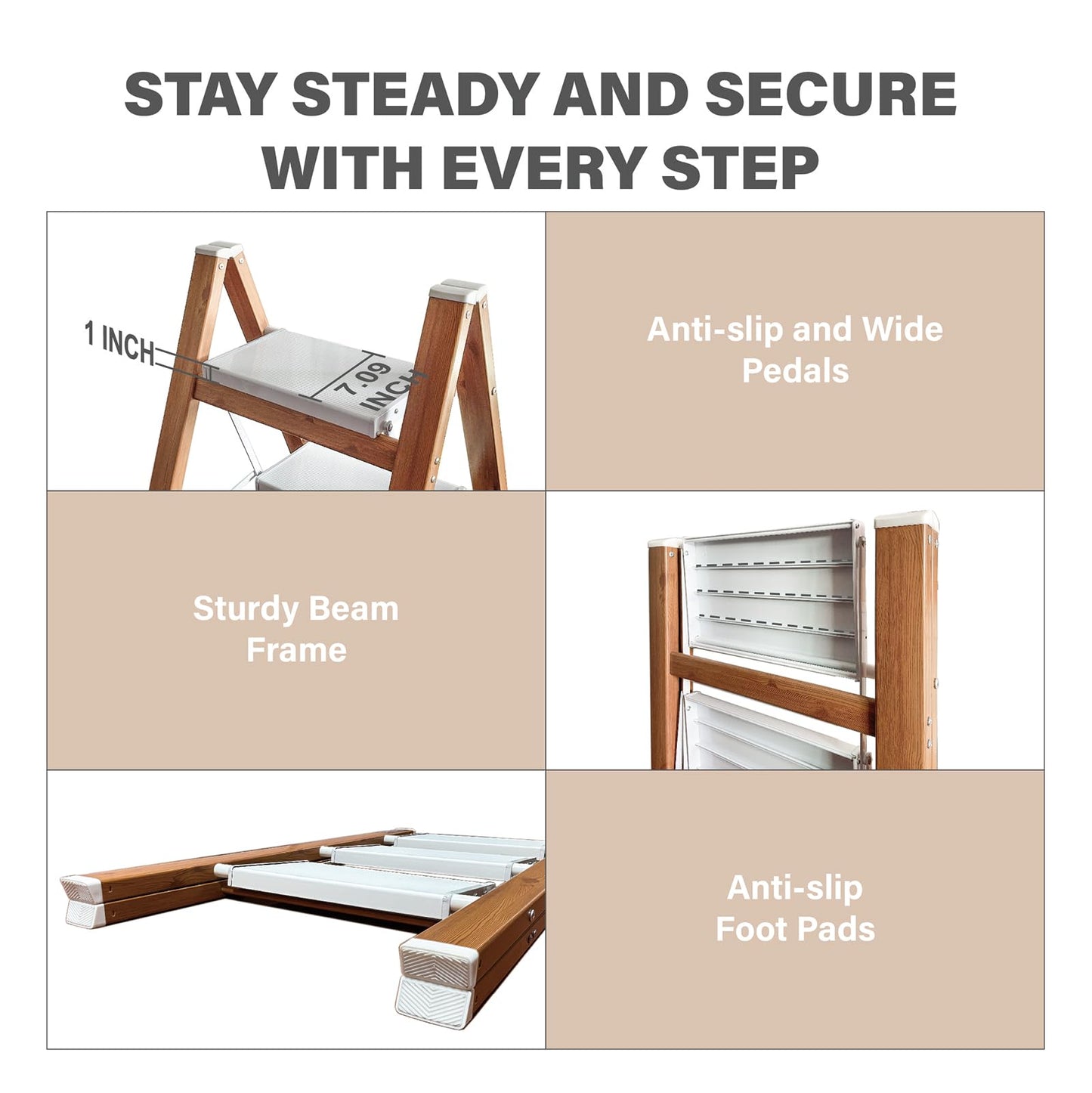 3 Step Ladder, Folding Aluminum Step Stool with Anti-Slip Wide Steps for Adults, Ideal for Kitchen, Closet, Bedroom, 330 lbs Capacity (Woodgrain) (Light Woodgrain, 3 Step)