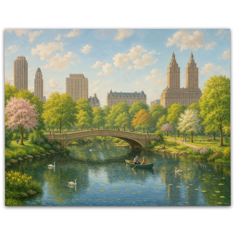 Romantic New York City Central Park in the Spring Painting 11x14 Unframed Poster – Classic Bow Bridge Artwork, NYC Landscape Print for Living Room, Bedroom, Home Office, Condo, or Apartment Décor