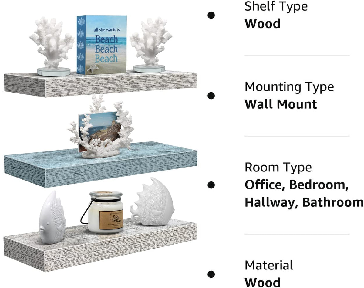 Sorbus Floating Shelves - 3 Pack 16 Inch Rustic & Blue Wall Shelves for Bedroom, Kitchen, Living Room, Bathroom Shelves, Home Decor, Office - Floating Shelf for Trophy, Books, Frames
