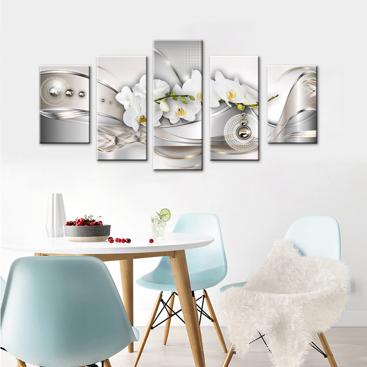 Vibrant Flower Pearl Orchids Canvas Wall Art Modern Decor 5 Pieces Print Painting White Floral HD Picture Bedroom Living Room Framed Ready to Hang