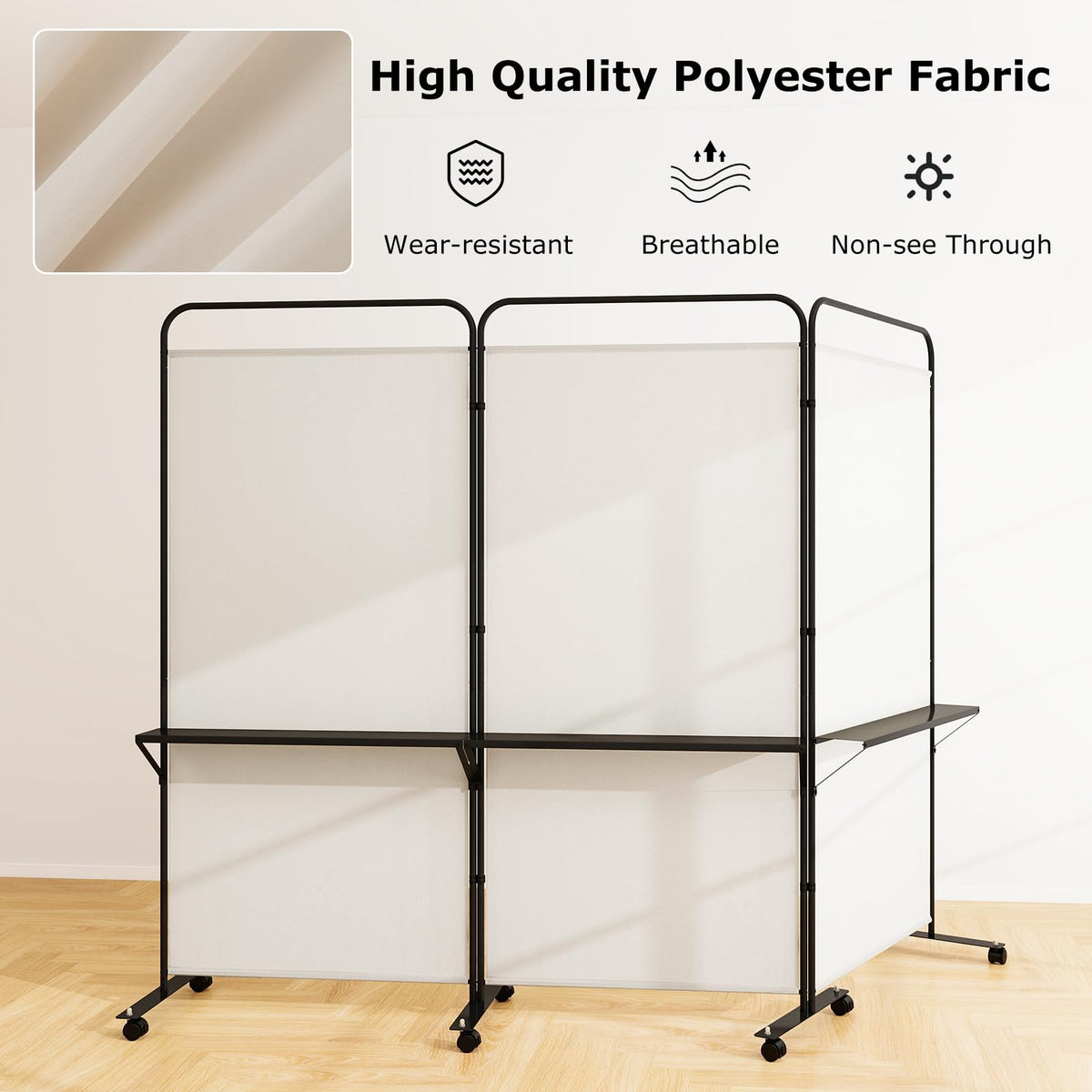 Giantex 3 Panel Room Divider with Wheels and Shelves, 103" W x 74" H Folding Privacy Screen, Rolling Partition Separator for Home Office Studio, Fabric Wall Divider for Room Separation (Beige)