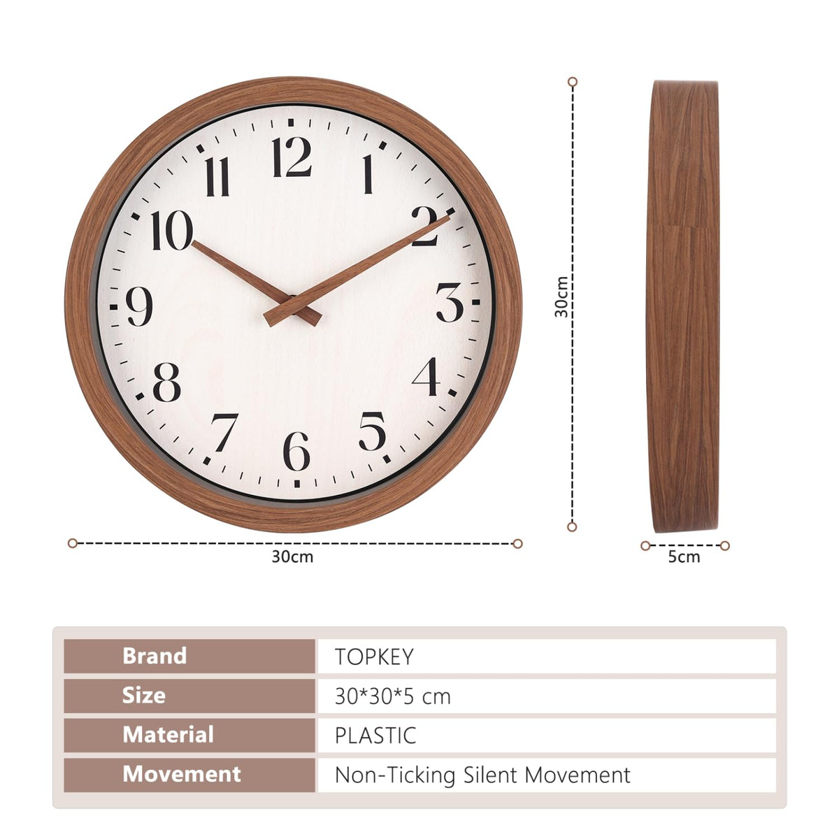 Topkey 12 Inch Round Silent Wall Clock with Wooden Hour and Minute Hands - Wood-Like Frame & White Dial for Home Office Kitchen Decor - Brown