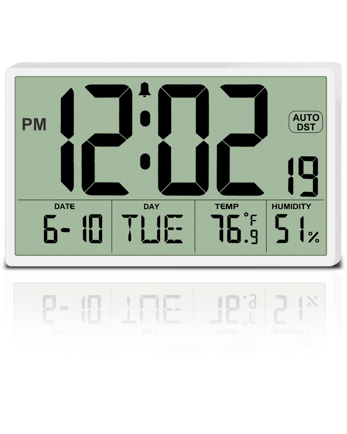 9‘’ Narrow Bezels Battery Operated Digital Wall Clock with Temperature and Humidity - Auto DST, Large 2⅝'' Digits, 5-Level Volume Alarm (3 AA Included) - Wall Mount/Desktop for Office Bedroom Kitchen