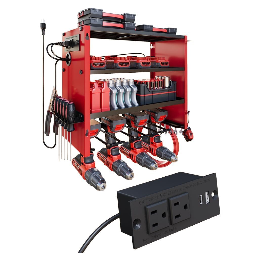 4-Tier Power Tool Organizer, Built-in 2-Outlet Charging Station for Small Garages, 400lb Capacity 12mm Steel Drill Holder & Battery Storage for DIY Home Workshops (4 Slots with 2 Outlets Power Strip)