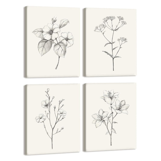 RZIGERNO 4 Pcs Minimalist Floral Canvas Wall Art Black and White Painting Sketch Flowers Picture Print Vintage Botanical Wall Decor for Gallery Bedroom Living Room Office 12x16 Inch Ready to Hang