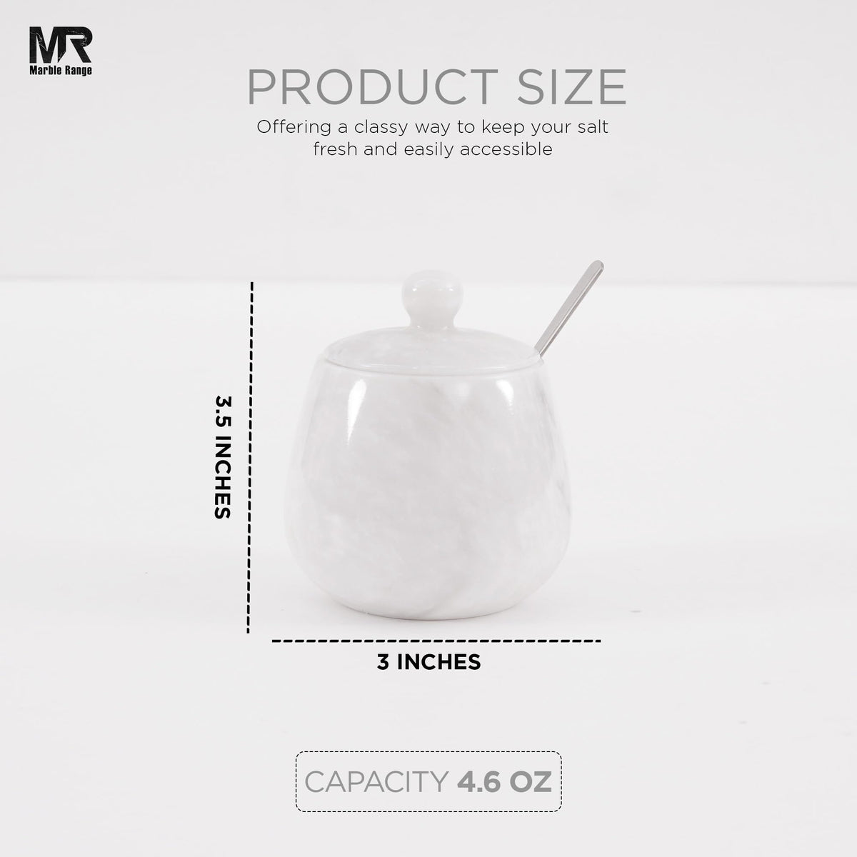 White Marble Salt Cellar – 3.5 Inch Salt Jar with Lid, Table Salt Container, Salt Dish, Salt Holder, Spice Jar, Sugar Bowl, Seasoning Container, Salt Dispenser for Kitchen Counter Decor